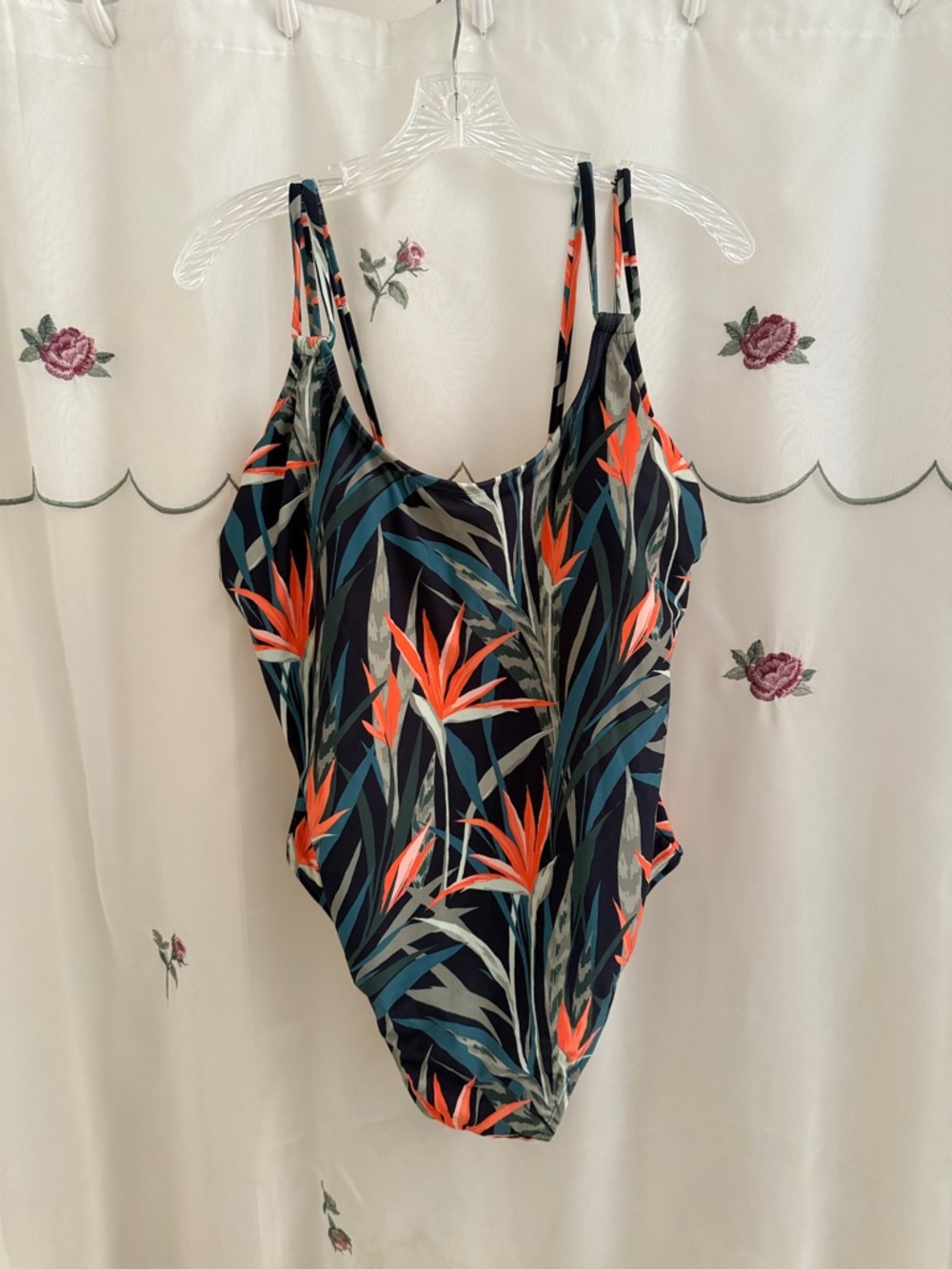 Woman’s Tropical Print One-Piece Swimsuit - Navy with Orange Floral